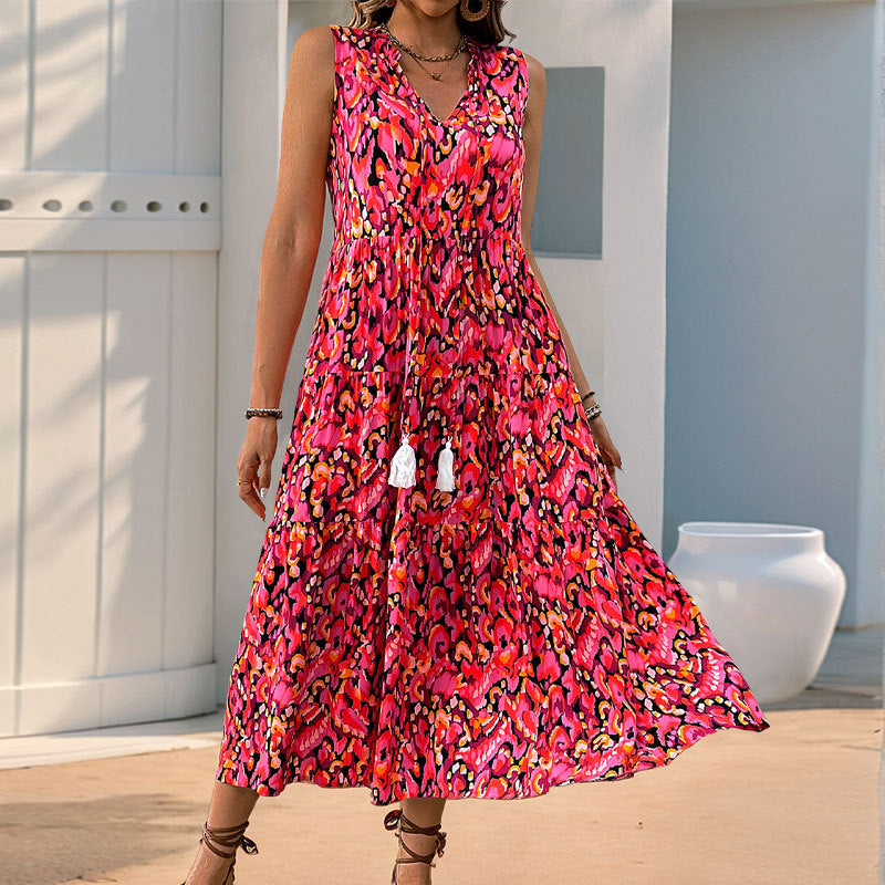 Robe Maxi Sans Manches à Imprimé Abstrait pour Femme – Style Décontracté à Volants pour Vacances
