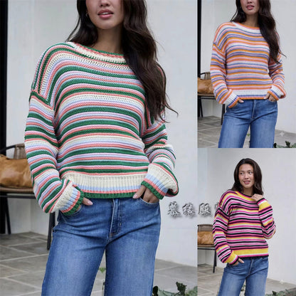 Maglione da donna in maglia a righe con scollo rotondo – Vestibilità ampia, stile casual e confortevole