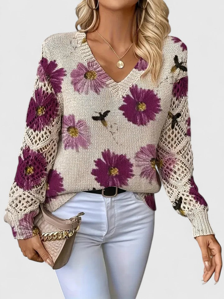 Pull Femme à Col V Tricoté à Fleurs – Pull Moderne Élégant