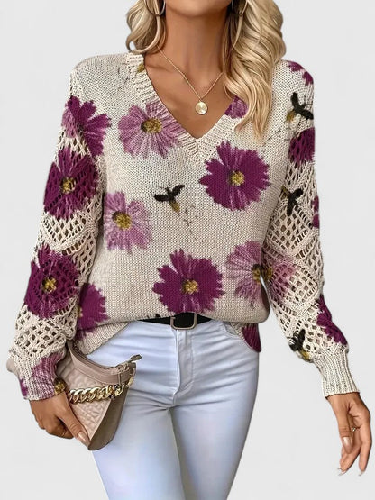 Pull Femme à Col V Tricoté à Fleurs – Pull Moderne Élégant