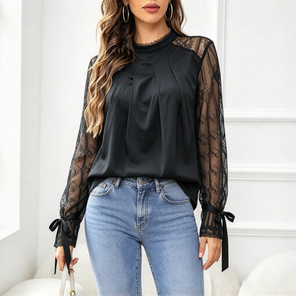 Blouse femme col montant plissee dentelle - Elegante et raffinee