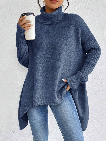 Pull Col Roulé Irrégulier pour Femmes – Pull Tricoté Ample à Manches Longues