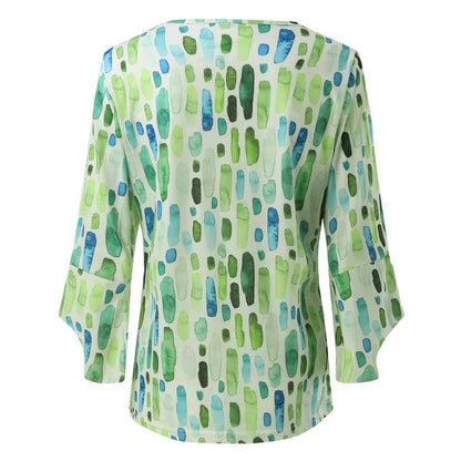 Blouse Femme Verte à Motif Géométrique – Col V Décontracté avec Manches 3/4