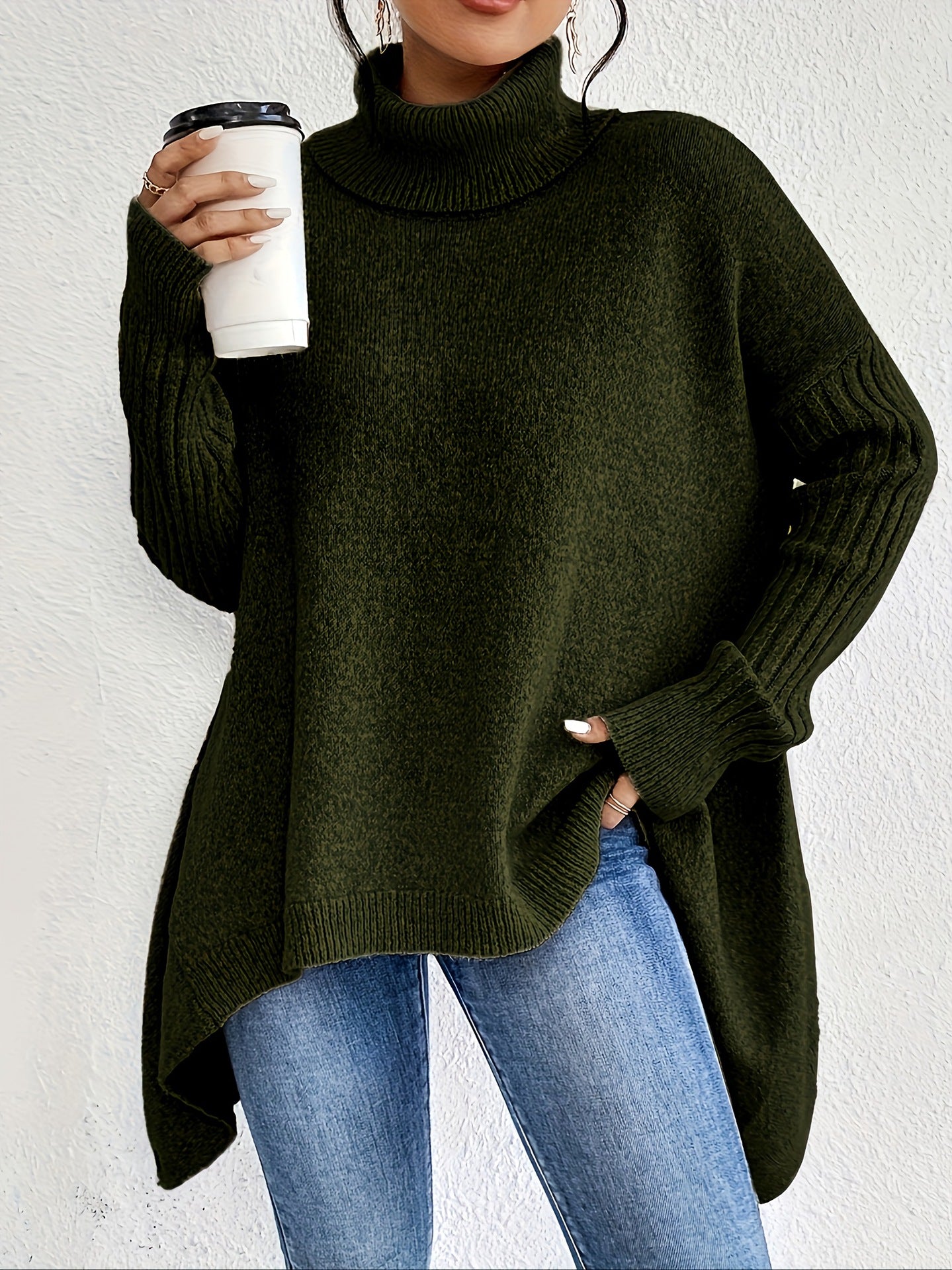 Pull Col Roulé Irrégulier pour Femmes – Pull Tricoté Ample à Manches Longues