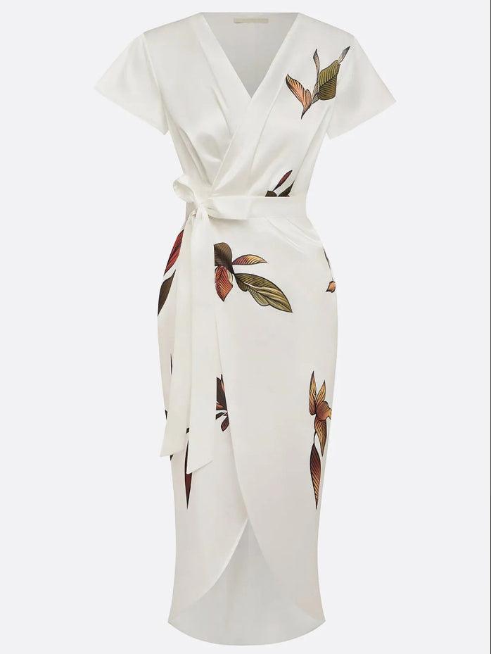 Robe Midi Portefeuille Élégante en Satin Femme – Imprimé Floral Manches Courtes