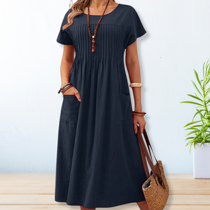 Robe Midi Femme Décontractée à Col Rond – Manches Courtes, Coupe Ample avec Poches