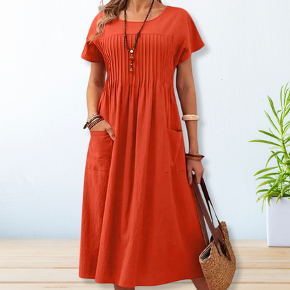 Robe Midi Femme Décontractée à Col Rond – Manches Courtes, Coupe Ample avec Poches