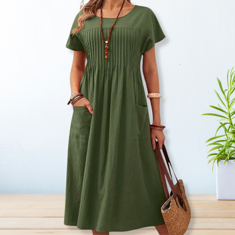 Robe Midi Femme Décontractée à Col Rond – Manches Courtes, Coupe Ample avec Poches
