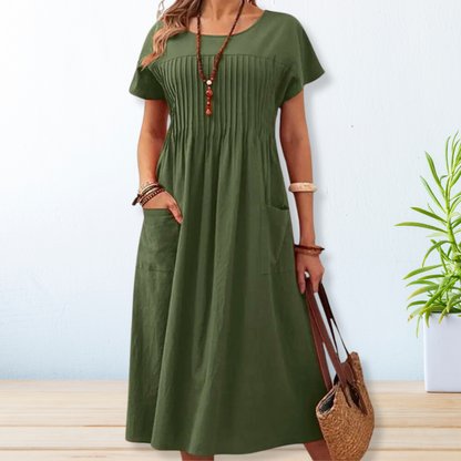 Robe Midi Femme Décontractée à Col Rond – Manches Courtes, Coupe Ample avec Poches