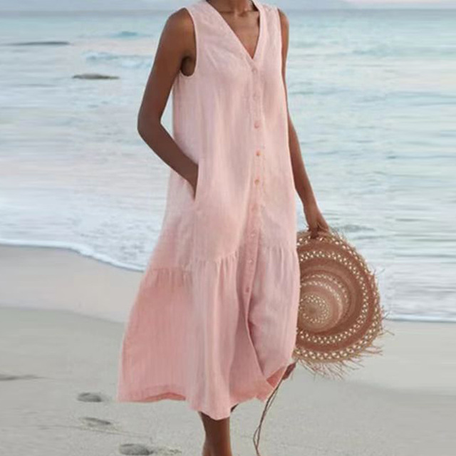 Robe d'été sans manches en lin pour femme – coupe ample et boutonnée sur le devant