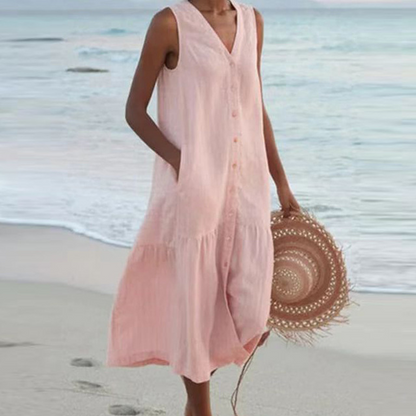 Robe d'été sans manches en lin pour femme – coupe ample et boutonnée sur le devant