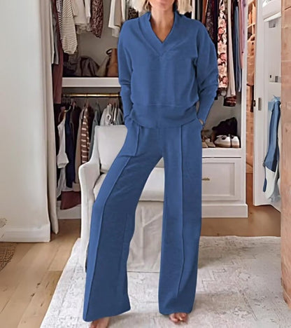 Ensemble Lounge Moderne Deux Pièces Femme – Haut Col V Manches Longues et Pantalon Large