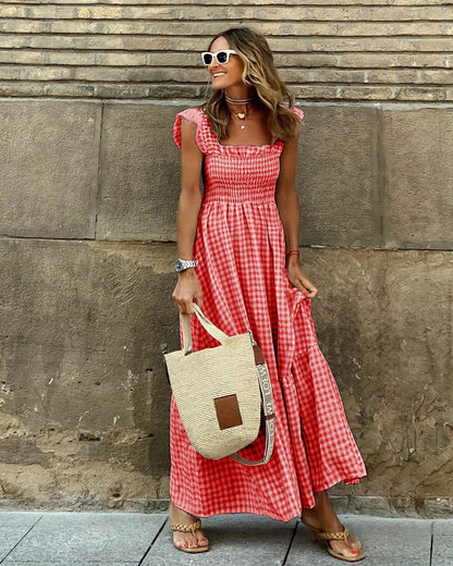 Robe longue élégante à manches smockées