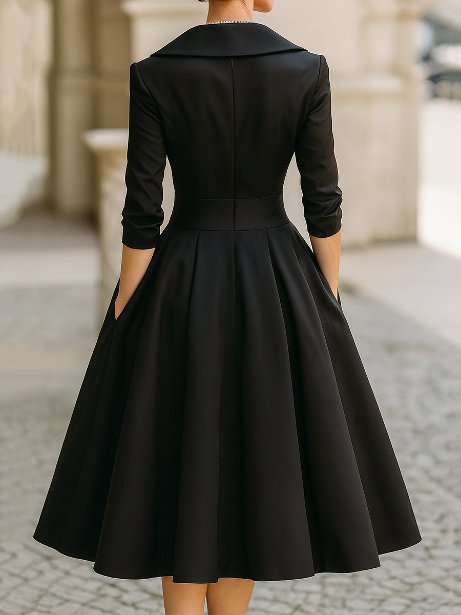 Robe midi élégante trapèze pour femme – Style plissé vintage et formel