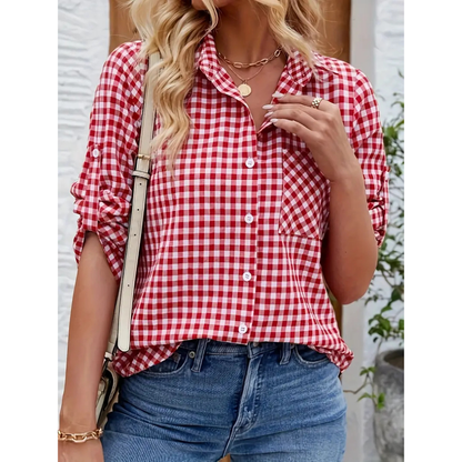 Chemise Femme à Carreaux Manches Longues – Blouse Décontractée à Col
