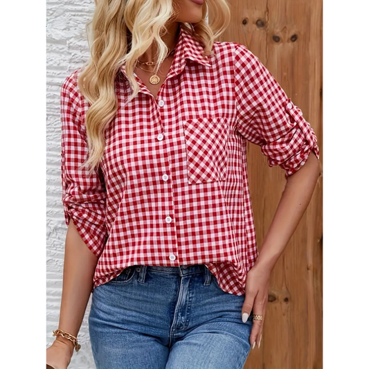 Chemise Femme à Carreaux Manches Longues – Blouse Décontractée à Col