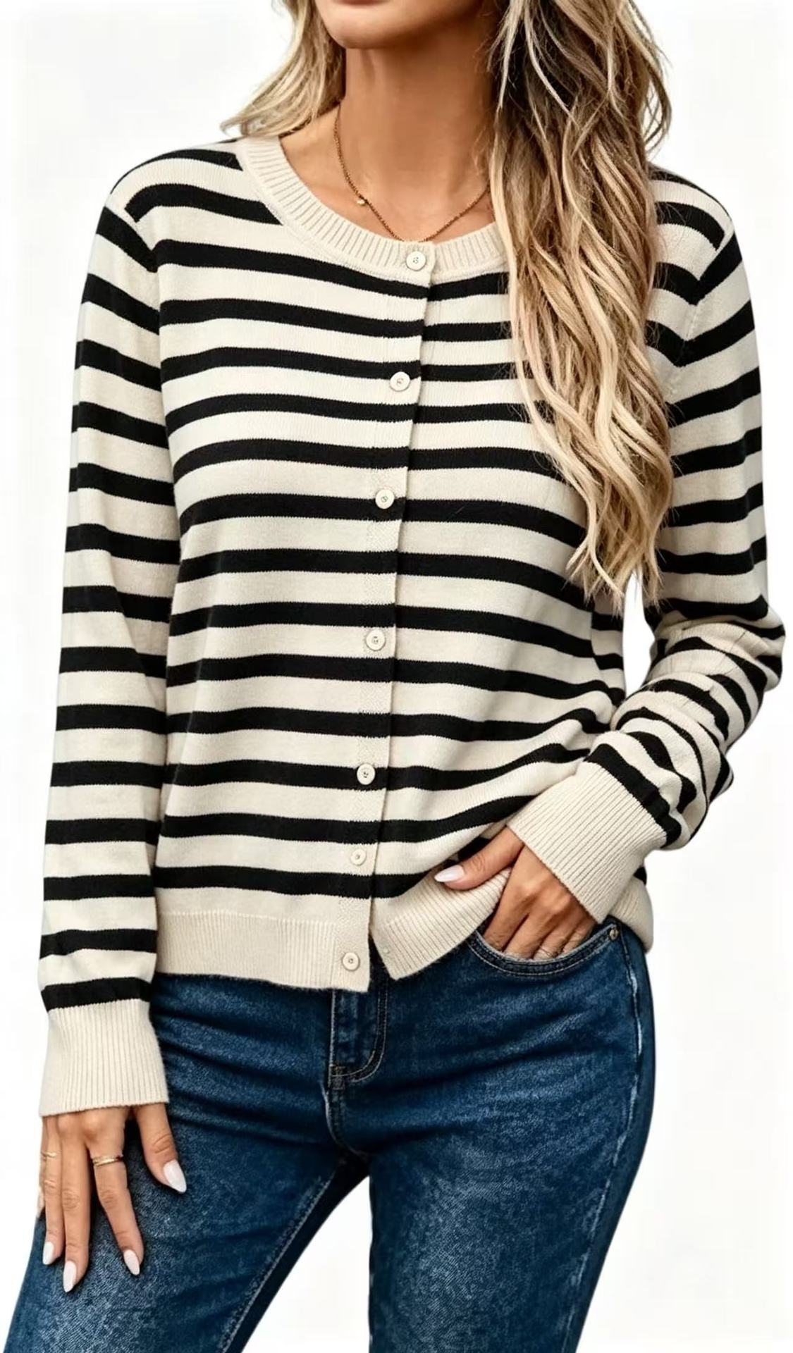 Cardigan da donna in maglia a righe con maniche lunghe – Vestibilità ampia, stile casual e confortevole