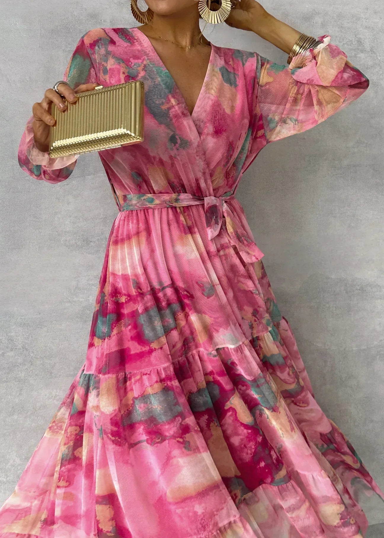 Robe bohème rose à manches longues – Parfaite pour l’été ou une soirée chic