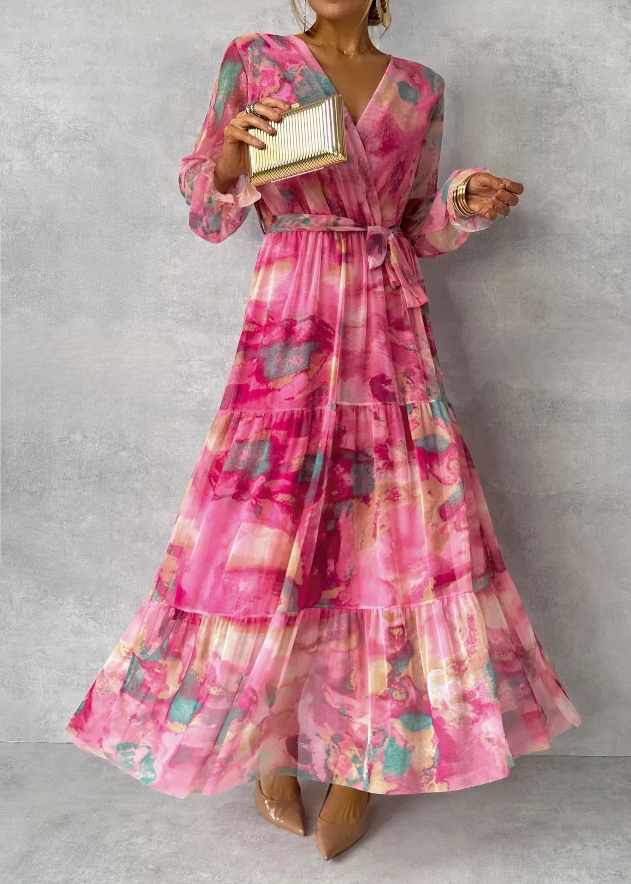 Robe Maxi Portefeuille Abstraite Élégante Femme – Col V Coupe Fluide
