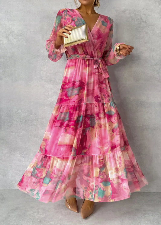 Elegant Abstract Wrap Maxi Dress for Women – V-Neck, Flowing Fit