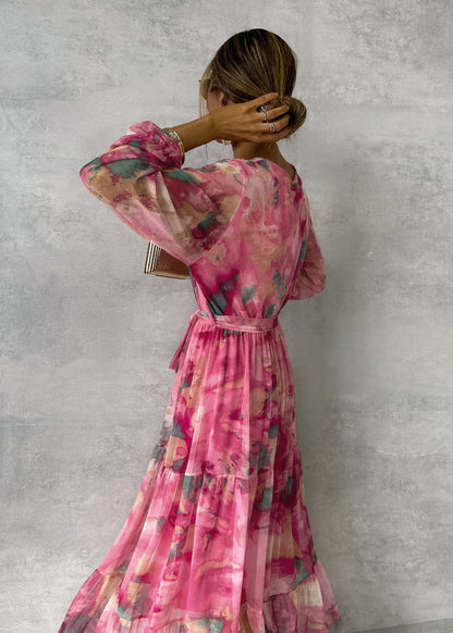 Robe Maxi Portefeuille Abstraite Élégante Femme – Col V Coupe Fluide