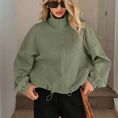 Women's stand-collar zip-up jacket – Loose fit, drawstring hem, casual fall-winter style