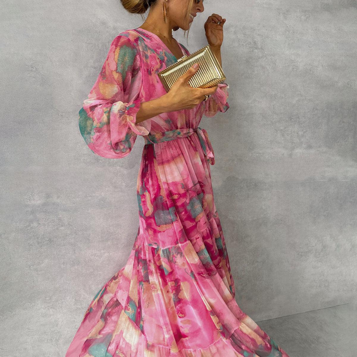 Robe Maxi Portefeuille Abstraite Élégante Femme – Col V Coupe Fluide