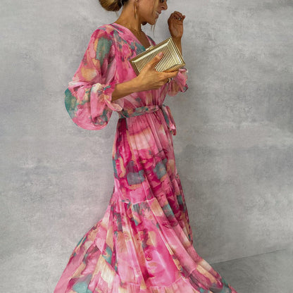 Robe Maxi Portefeuille Abstraite Élégante Femme – Col V Coupe Fluide
