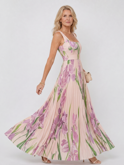 Vestito midi plissettato da donna senza maniche con scollo quadrato - Elegante ed estivo
