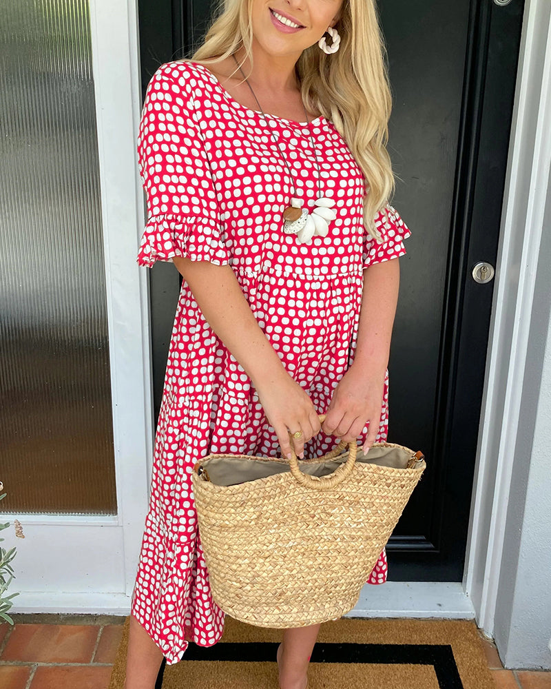 Robe midi pour femme à col rond et imprimé à pois