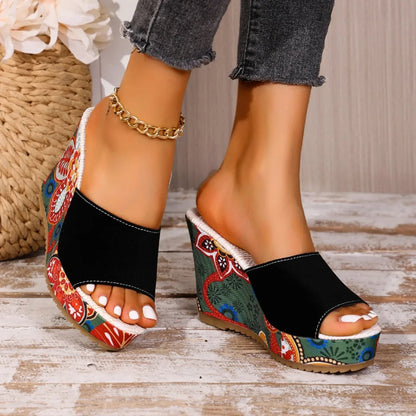 Sandales Femme Bohème à Talon Compensé Velours – Style Élégant Confort Été