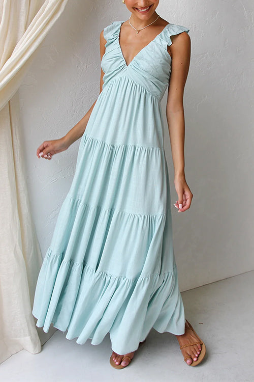 Robe Maxi en Lin Margovil – Col V avec Volants et Jupe à Niveaux Sans Manches