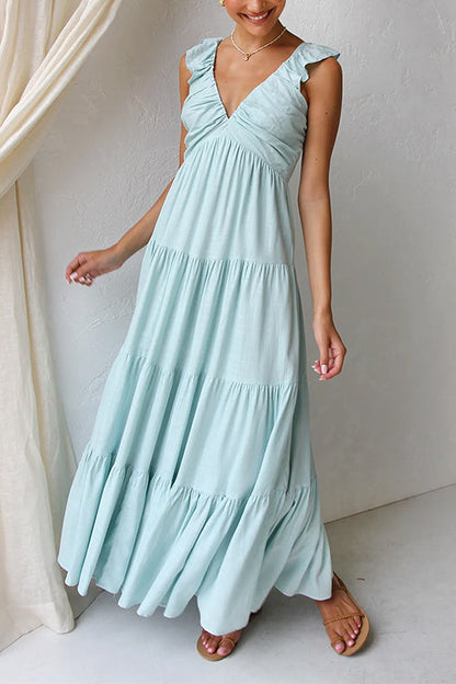 Robe Maxi en Lin Margovil – Col V avec Volants et Jupe à Niveaux Sans Manches