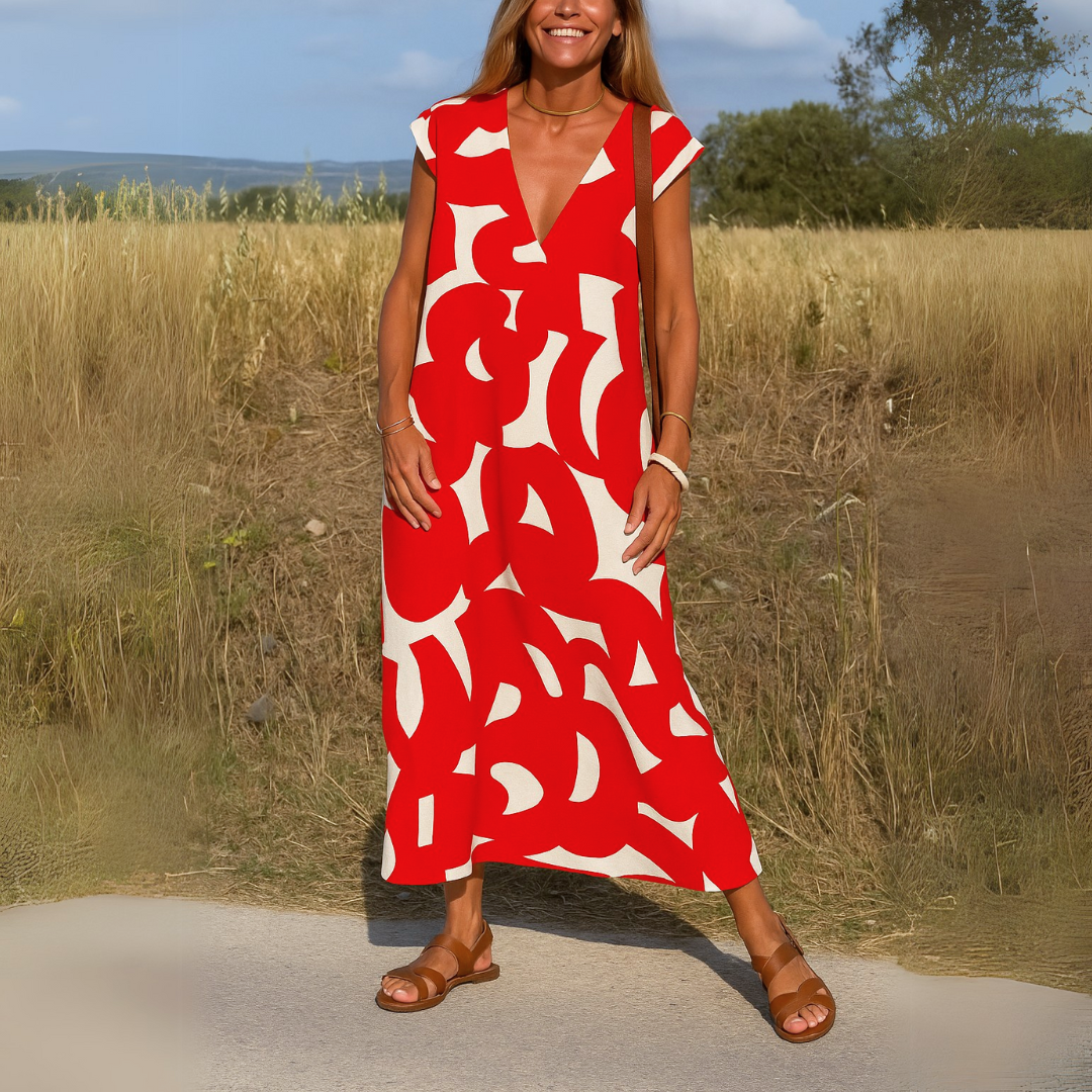Robe midi Shaira imprimé géométrique noir et blanc col V