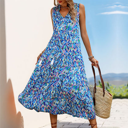Robe Maxi Sans Manches à Imprimé Abstrait pour Femme – Style Décontracté à Volants pour Vacances
