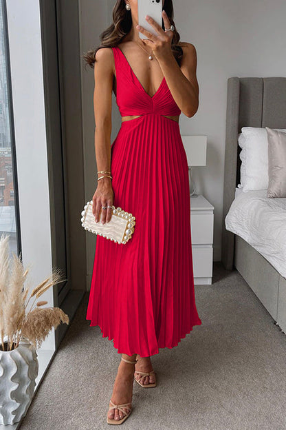 Robe Longue Satinée Femme Décolleté en V Plissé – Élégance Structurée