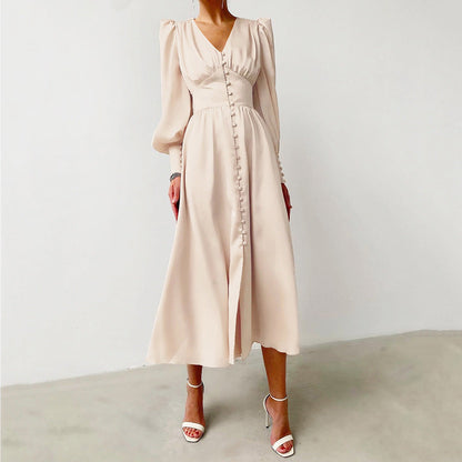 Robe Mi-Longue Élégante en Satin – Manches Bouffantes Boutonnée