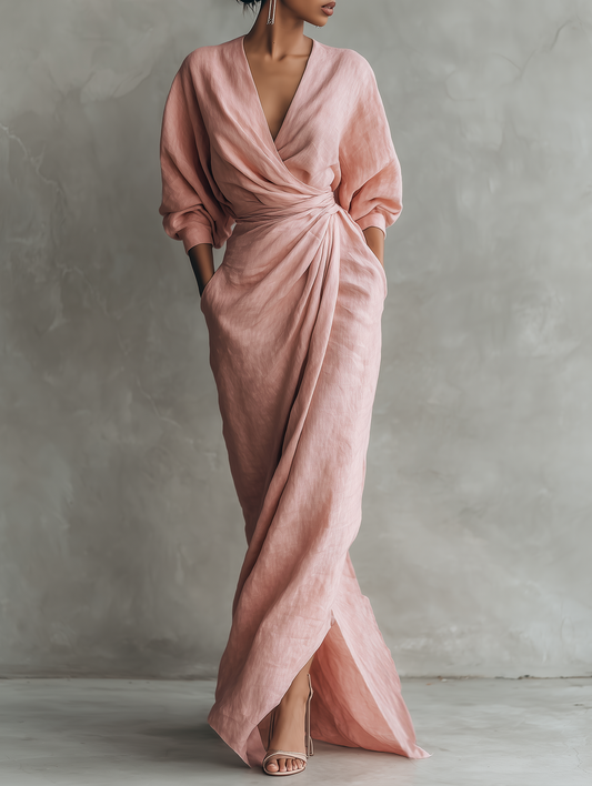 Robe longue portefeuille femme col V manches chauve-souris en lin - Elegante et fluide