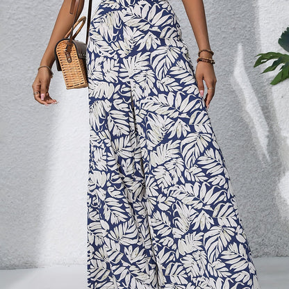 Pantalon large en coton imprimé floral bohème pour femmes - Taille haute, ceinture élastique, pantalon long de plage pour vacances d'été, style décontracté élégant
