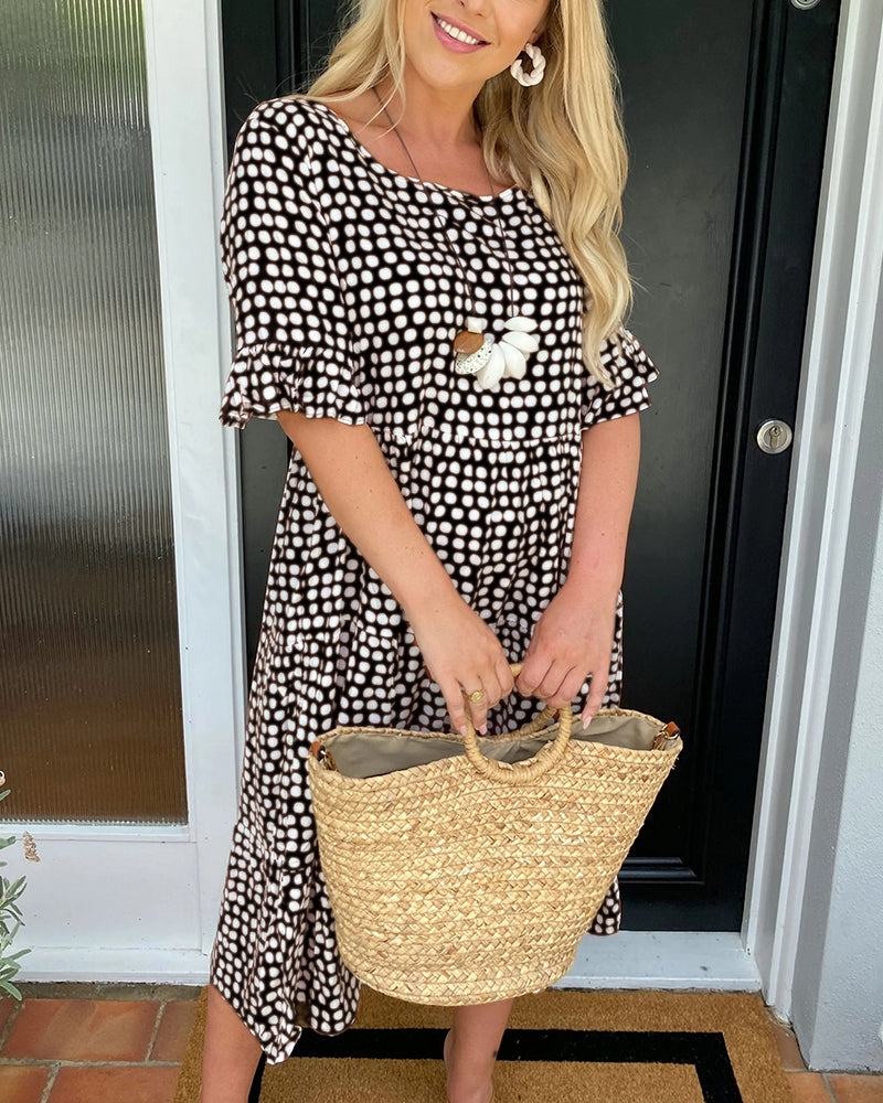 Robe midi pour femme à col rond et imprimé à pois