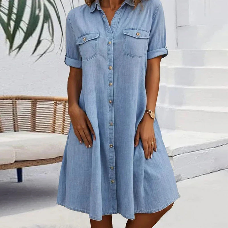 Robe Midi à Col Revers et Bouton pour Femme