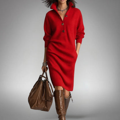 Robe Midi Tricotée Col Montant Détendue Femme – Robe Pull avec Poches