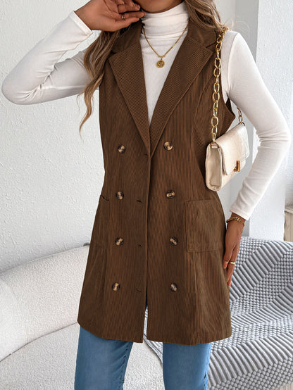 Veste-gilet longue en velours côtelé unie pour femme – Modèle décontracté à double boutonnage et poches, idéal pour jouer les superpositions