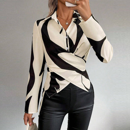 Femme Chemise élégant à col en V contrasté noir et blanc – Blouse à manches longues