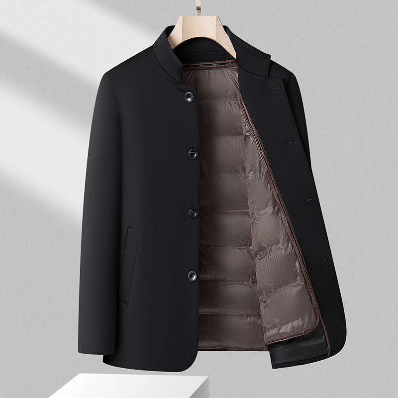 Veste mi-longue pour homme en laine mélangée – Manteau noir haut de gamme doublé de duvet amovible