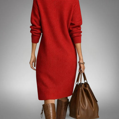 Robe Midi Tricotée Col Montant Détendue Femme – Robe Pull avec Poches