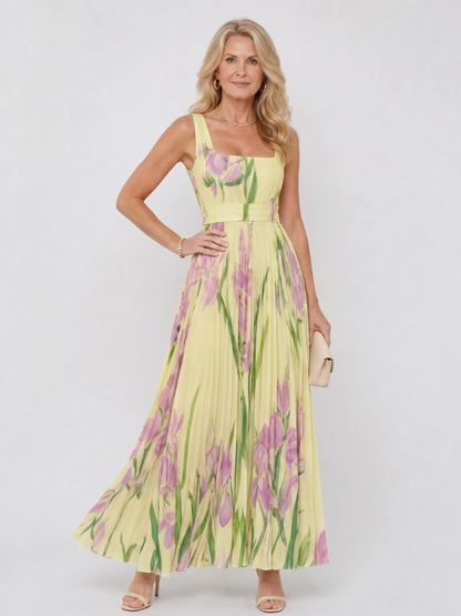 Vestito midi plissettato da donna senza maniche con scollo quadrato - Elegante ed estivo