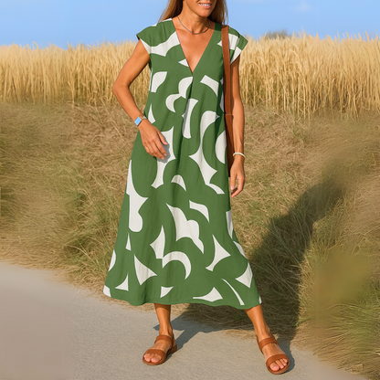 Robe midi Shaira imprimé géométrique noir et blanc col V