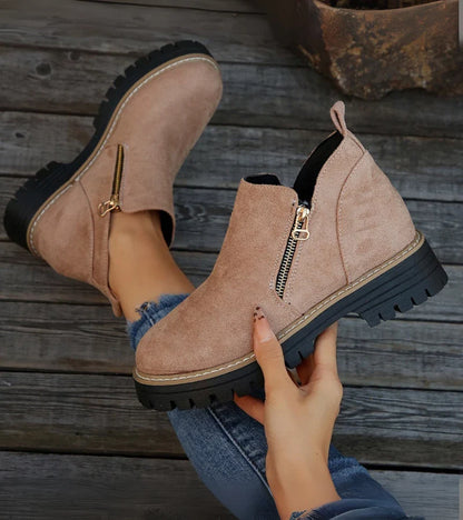 Bottines Confort Femme – Bout Rond avec Plateforme et Fermeture Zippée