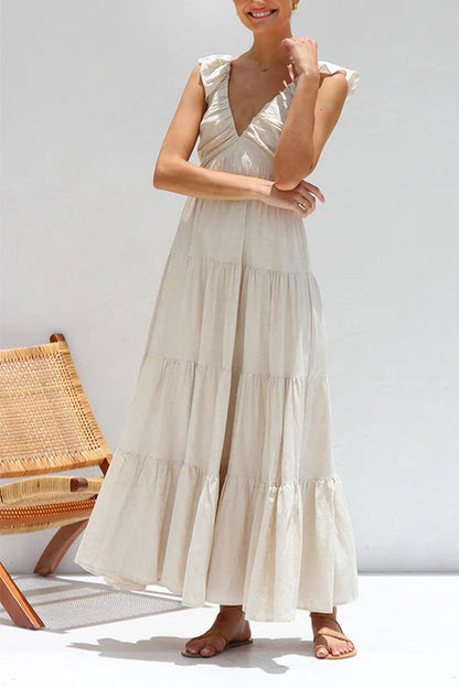 Robe Maxi en Lin Margovil – Col V avec Volants et Jupe à Niveaux Sans Manches